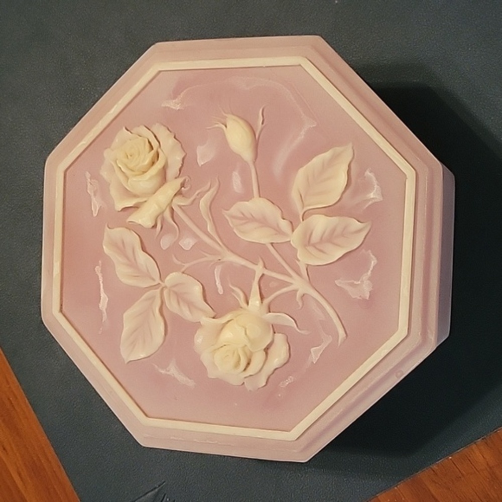 Pink Roses Soapstone Octagon Trinket Box